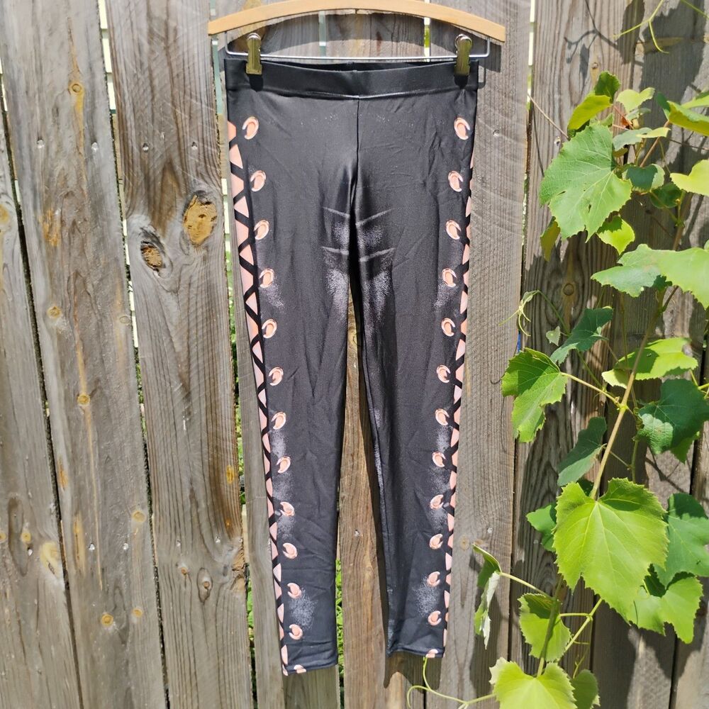 GearBunch Leggings Womens Medium Black Lace Up Printed Illusion Stretch Athletic